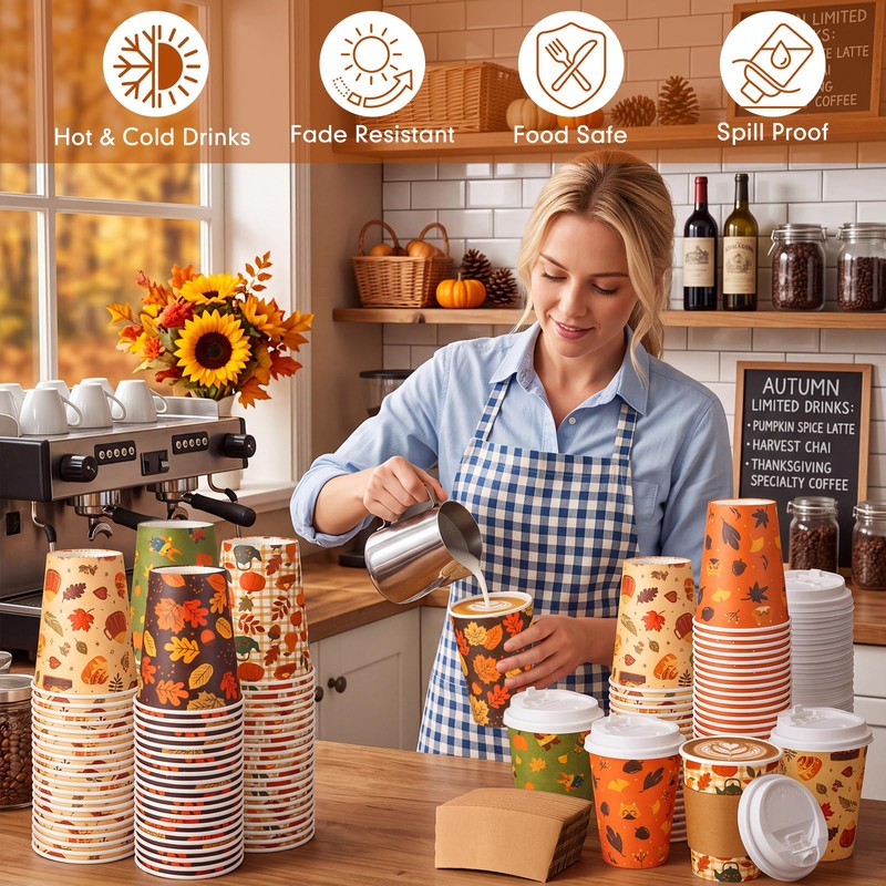 100 Pcs 12oz Fall Thanksgiving Coffee Cup with Lid and
