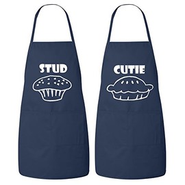 Fasciino Set of Stud Muffin and Cutie Pie His and Hers Couples Apron Valentines Wedding Bridal Gift 2pcs (White Print)