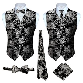 Gioberti Men's Formal 4pc Metallic Paisley Vest Necktie Bowtie and Pocket Square, Black Silver, X Large