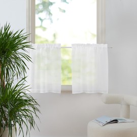 PONY DANCE Net Curtains Short Window Curtains Set of 2 W 60 x H 45 cm Linen Look Curtains White Transparent Kitchen Curtains Window Caravan Curtains with Rod Pull