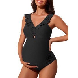 Summer Mae Ribbed Ruffle Maternity Swimsuit One Piece Cutout Pregnancy Bathing Suit Twist Back Swimwear Black 12