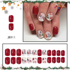 Christmas Press on Nails Short Square Fake Nails Snowman Winter Press on Nails with Glitter Design Glossy Full Cover Fake Nails Elk Glue on Nail Red DIY Stick on Nail for Women Decoration Set 24Pcs