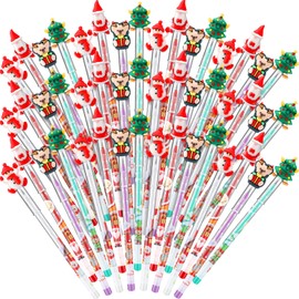 Yexiya Christmas Pencils Bulk, Christmas Multi Point Stackable Push Pencil 4 Styles Pre Sharpened Pencils with Xmas Tree Santa Snowman Reindeer Topper Christmas Party Favor Classroom Rewards (48 Pcs)