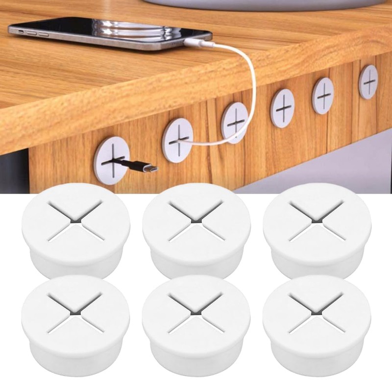6pcs Cable Grommet Kit, White Rubber Grommets, Desk Grommet Cable