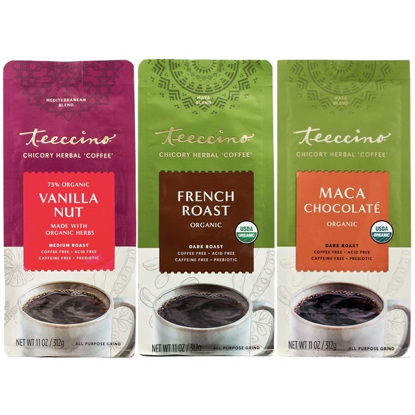 Teeccino Herbal Coffee Variety Pack - Vanilla Nut, French Roast, Maca Chocolaté - Ground Herbal Coffee That’s Prebiotic, Caffeine-Free & Acid Free, Dark Roast, 11 Ounce (Pack of 3)