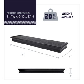 HIGH & MIGHTY 515661 Decorative 24" Floating Shelf Holds up to 20lbs, Easy Tool-Free Dry Wall Installation, Beveled, eCommerce Packaging, Black