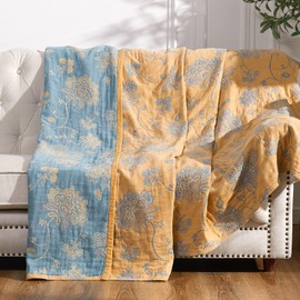 jinchan Boho 100% Cotton Muslin Twin Size 60x80 Inches Blanket Lightweight 4-Layer Quilted Soft Yellow and Blue Floral Throw Blanket Reversible Comfy Flower Breathable All Seasons Couch Bedroom Decor