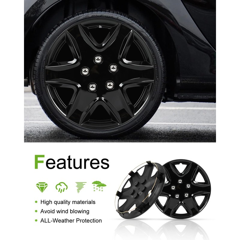 SCITOO(4-Pack) Stylish 15-Inch Black hubcaps, Compatible with Various Vehicles, Easy