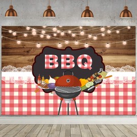 BBQ Backdrop FHZON 8x6ft Brown Wooden Board String Lights Lace Barbecue in The Wild Photo Background for Groovy Party Decorations Studio Props