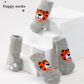 Dog Socks, Anti-Slip, Set of 4, Cute, Tiger, Dog Socks, Soft, Pet Socks, Paw Protection, Cold Protection, Licking Prevention, Small Dogs, Medium Dogs, Indoor, Outdoor, Gray (S)