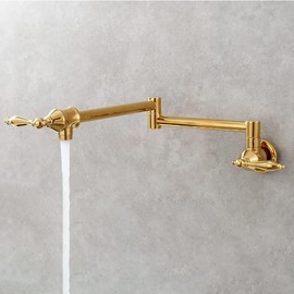 SOKNARKU Solid Brass Antique Wall Mounted Folding Faucet Double Switch Foldable Kitchen Sink Pot Filler Faucet Titanium Gold