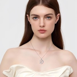 FJ Guardian Angel Necklace 925 Sterling Silver Tree of Life Pendant Fairy Moon Necklace October Birthstone Pink Tourmaline Jewelry Gifts for Women