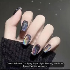 24 pcs Rainbow Cat Eye Press On Nails - Handmade Full Cover Short Fake Nails for Women - Coffin False Nails for a Bold and Eye-Catching Look