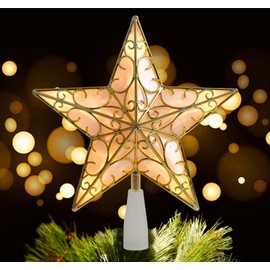 Anstore 10 Inches Gold Star Christmas Tree Topper Star,Gold Glittered Hollow Star Topper Built in 10 Bulbs String Lights 3D Star Treetop for Holiday Christmas Tree Decorations Ornament (26cm H,23cm W)