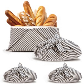 yeload 2 Pack Beeswax Bread Bags, Striped Linen Bento Bags, 14" Cotton Loaf Bag, Reusable Organic Food Storage, Sourdough Bag, Rustic Farmhouse Azuma Bukuro Origami Wrap for Baked Gifts (Black, 2)