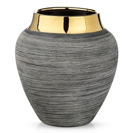 Rustic Ceramic Vase with Gold Rim – 9.4" Decorative Flower Vases for Living Room, Dining Table Centerpiece & Shelf Décor – Modern Farmhouse, Boho & Contemporary Home Accents