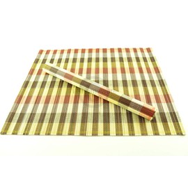 Handmade Bamboo Placemats, Pack Of 4 Bamboo Wood Table Mats, Beautiful Check Pattern, Eco-Friendly Dinnerware, Brown-Yellow, P087