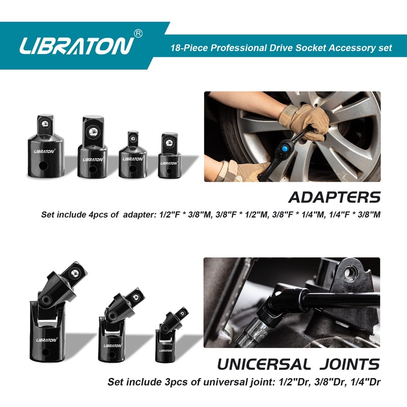 LIBRATON Socket Extension and Ratchet Set 18PCs - Impact Socket