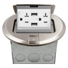 ENERLITES Round Pop-Up Floor Box Kit, 6" Diameter Cover, 20A Tamper-Resistant USB Receptacle, Watertight Gasket, Corrosive Resistant Hardware, 961501-S-USB, Nickel Plated Brass Cover