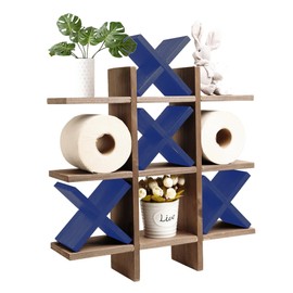 GENMOUS Handmade Tic Tac Toe Toilet Paper Holder with 4pcs Blue X For Farmhouse Bathroom Decor, Funny Wall Mounted Free Standing Toilet Tissue Paper Roll Storage For Kids Guest Restroom Bathroom Decor