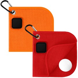 Hahafelt 2 Pcs Small Magnetic Golf Towel with Clip Microfiber Waffle Towels with Carabiner Clip Strength Industrial Magnets for Golf Balls Carts or Clubs(Red, Orange)