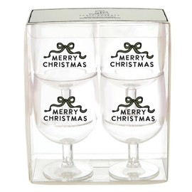Santa Barbara Design Studio Unbreakable Holiday Wine Glasses Sipping Pretty Stackable Acrylic Stemmed Wine Glasses, Set of 4, Merry Christmas Bow