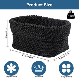 21 x 13 x 15.5 cm Wicker Basket, Black, Storage Braided Cotton Rope Rectangular, Stackable Crochet Basket, Organiser Baskets, Storage Basket, Braided Basket, Small for Bedroom, Bathroom and Office