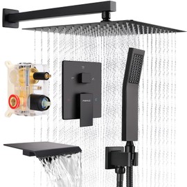 PGKKLE 12 Inch Rainfall Shower System with Tub Spout Wall Mounted Complete Combo with Solid Brass Pressure Balancing Valve, High Pressure Shower Head, Handle Set & Installation Accessories Matte Black