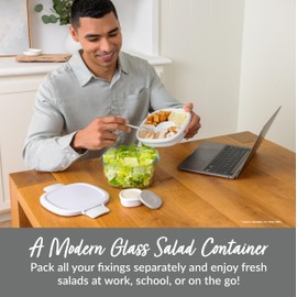 Bentgo Glass All-in-One Salad Container - Large 61-oz Salad Bowl with Lid, 4-Compartment Bento-Style Tray, 3-oz Sauce Container, and Reusable Fork - Dishwasher, Microwave, and Oven Safe (White)