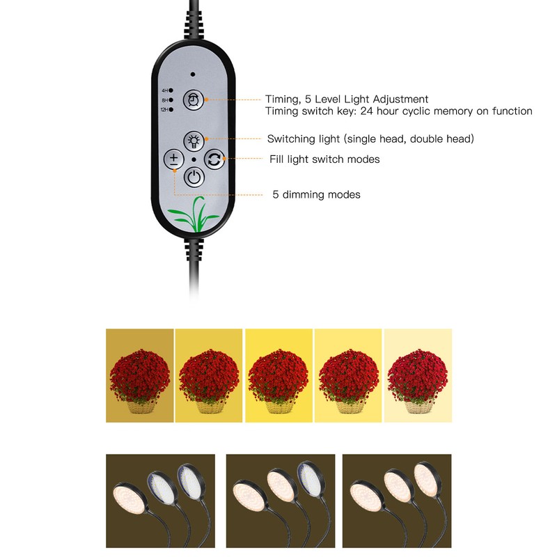 Plant Grow Light Timing 5 Dimmable Levels Waterproof Dual Head