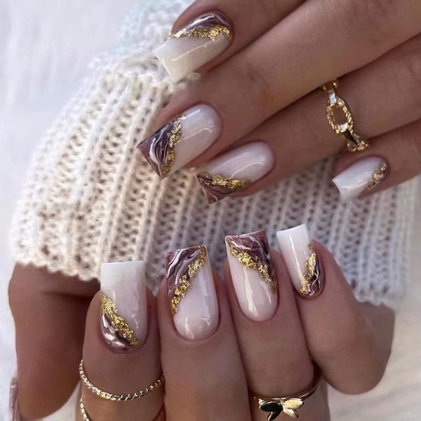 Medium Length Press on Nails Square Shaped Fake Nails White