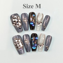 LIFOOST Long Coffin Press on Nails Handmade False Nails with Full Diamond Designs, Grey Y2k Luxury Reusable Fake Nails Stick on Nail, Size Medium