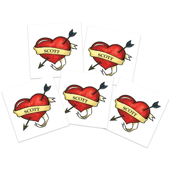 Classic Love Heart Temporary Tattoos | Pack of 5 | Valentine's Cupid Style | Skin Safe | MADE IN THE USA | Removable (Scott)