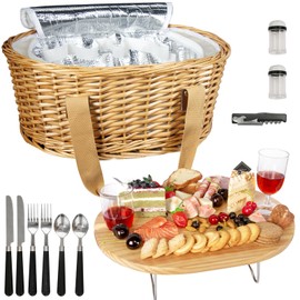 Hap Tim Wicker Picnic Basket Set for 2 with Mini Folding Wine Picnic Table & Large Insulated Cooler Bag & Cutlery Service Kits for 2 Person, Couples Gifts, Wedding Gifts (Y2209-2-CM)