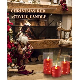 Kiexung Flameless Candle Set, 3Pk Red LED Candle with Remote, Starlight, Realistic Flame, Unbreakable Plexiglass, Acrylic, Art Deco, Decoration, Battery Powered, Indoor