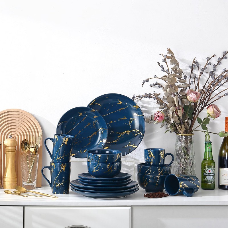Loymokinar Modern Porcelain 16 Piece White and Gold Dinnerware Set,