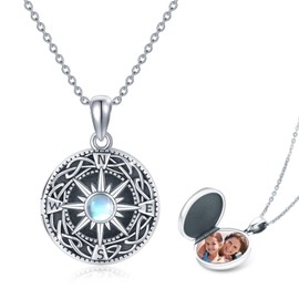 REDSUN Kompass Medaillon Halskette 925 Sterling Silber Kompass Mondstein Kette Foto Medaillon Amulett Medallion mit Foto Kompass Schmuck für Herren Sohn Jungen Damen Geschenke