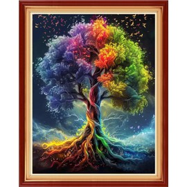 Dimensean - Kit de punto de cruz estampado, gama completa de patrones de bordado, kits de inicio para principiantes, adultos o niños, kit de punto de cruz, 11 quilates, árbol colorido, 16 x 20