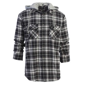 Gioberti Men's Removable Hoodie Plaid Checkered Flannel Shirt, Black/White Fade, X-Large