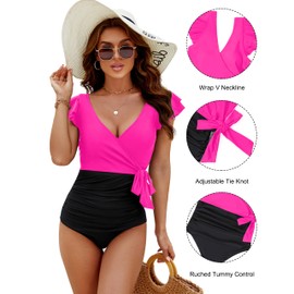 Blooming Jelly Women's Tummy Control Swimsuits Slimming One Piece Bathing Suit Cute Ruffle Wrap Swimwear Tie Side Swimming Suit (Hot Pink and Black,Large)