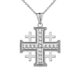 Religious Jewelry Fine Sterling Silver CZ Jerusalem Cross Pendant Necklace, 22"