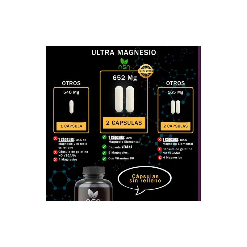 Magnesio Ultra Glicinato Citrato Gluconato Bienestar 100 Cápsulas Veganas Sabor