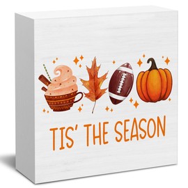 Fall Wall Decor Autumn Pumpkin Wood Sign Tis' the Season Decorations Farmhouse Home Table Desk Decor (5 x 5 Inches)