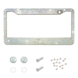 MTRPS Bling Car License Plate Frame, 2 Holes Stainless Steel Sparkly Auto Tag Cover with Screws Caps, Bedazzled Rhinestone Licence Plate Holder Vehicle Decor for Women Girls (White AB)