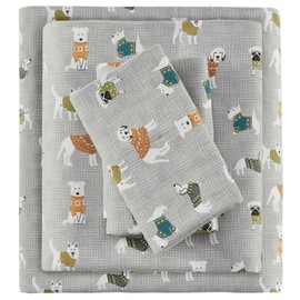 True North by Sleep Philosophy Cozy Flannel Warm 100% Cotton Sheet - Novelty Print Animals Stars Cute Ultra Soft Cold Weather Bedding Set, King, Grey Dogs 4 Piece