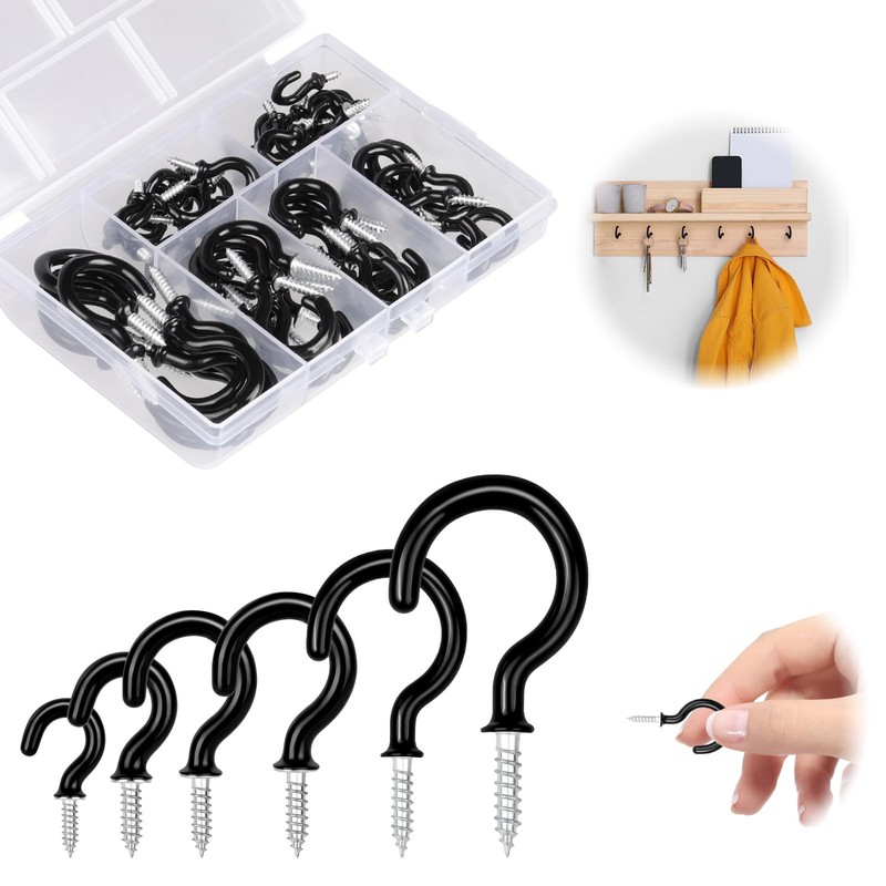 vsshe 75PCS 6 Size Set Cup Hooks Screw, Black Plastic