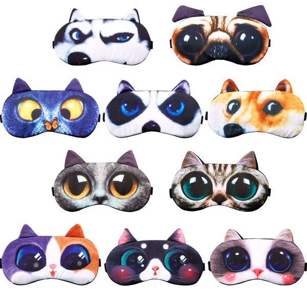10 Pieces Cute Animal Sleep Mask Eye Mask for Sleeping Cat Dog Mask Soft Blindfold Eye Cover with Adjustable Strap for Men Women