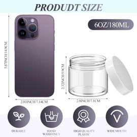 Patelai 16 Pack 6 oz Empty Containers Jars with Lids Round Clear Plastic Jars Wide Mouth Refillable Storage Organizers for Making DIY Crafts Cosmetic Home and Kitchen Organizing (White Lid)