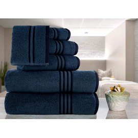 CASA COPENHAGEN Zero Twist, 6 Pieces Set 100% Cotton 0" Twist Towel Set- Dark Blue, 600 GSM, 2 Bath, 2 Hand, 2 Washcloths Made from Egyptian Cotton, Ultra Soft Luxury Towels for Bathroom.