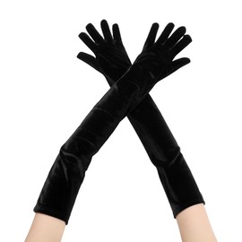 Elerevyo Women's Long Velvet Gloves 1920s Full Fingers Opera Glove for Evening Party L Black